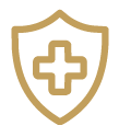 Gold outline icon of a protective shield displaying a medical cross symbol for Memphis corporate real estate employee benefits.