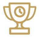 Gold line icon of a trophy containing a clock, symbolizing longevity and stability in Memphis corporate real estate.