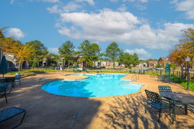 Large outdoor swimming pool and sun lounge deck at Champion Hills
